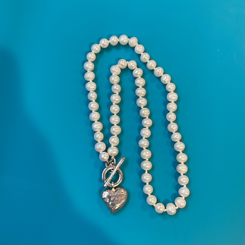Carolee Sterling Silver Heart w/ French writing and Faux Pearl Necklace